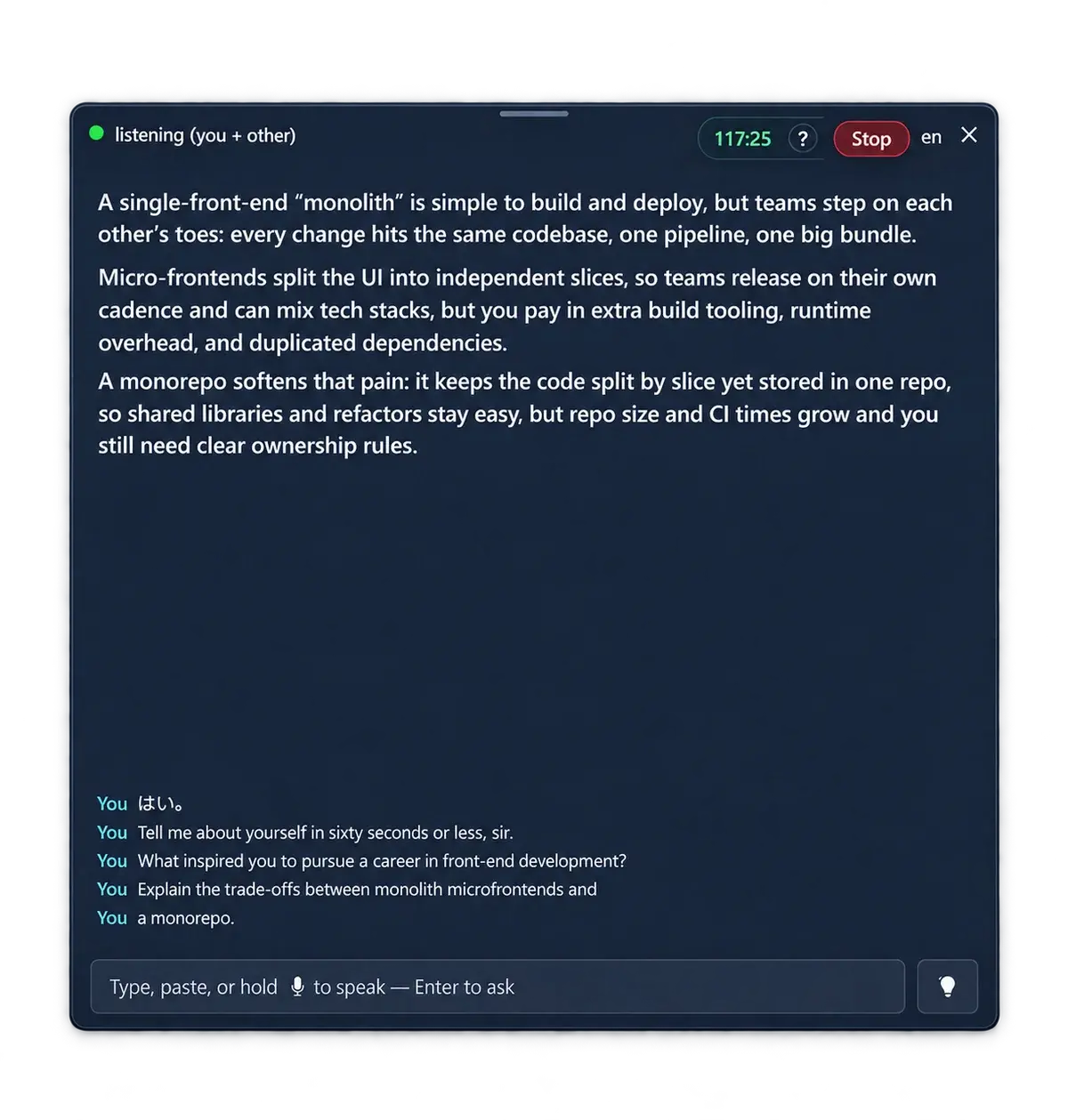 Enhanced GhostU solid panel with answer, transcript and input