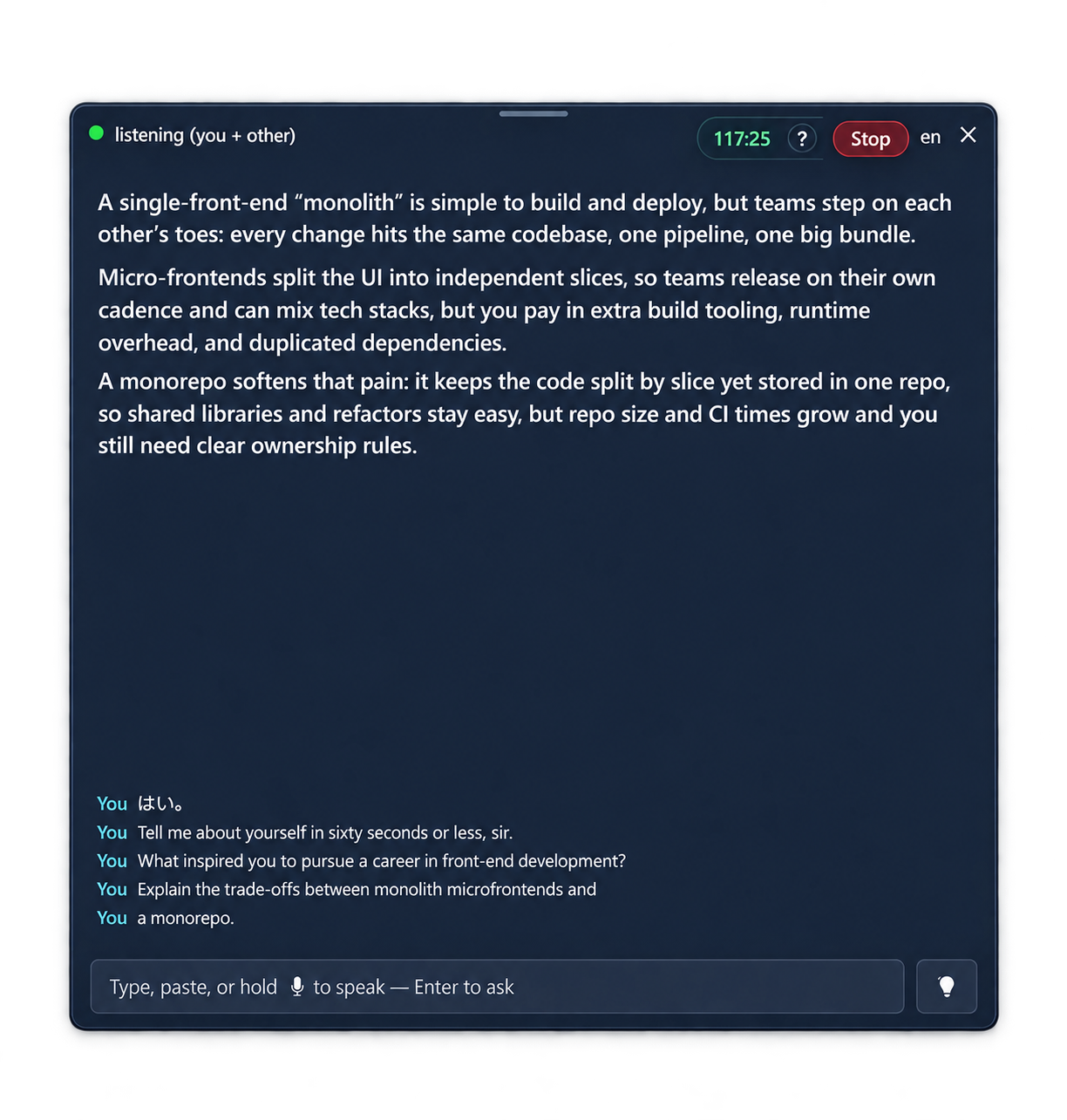 Enhanced GhostU solid panel with answer, transcript and input